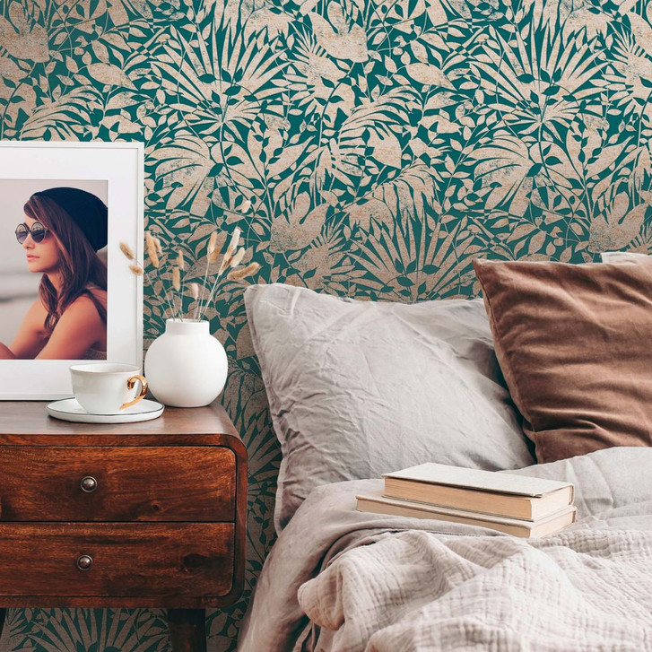 Tapete Grün Gold Palmenblätter Vliestapete Dschungel Blätter Mustertapete Küche - WA382257