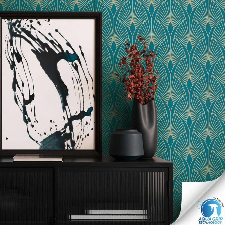 Art-Déco-Tapete Türkis Gold - Vliestapete Geometrisch - Tapezieren ohne Kleister - WA465608