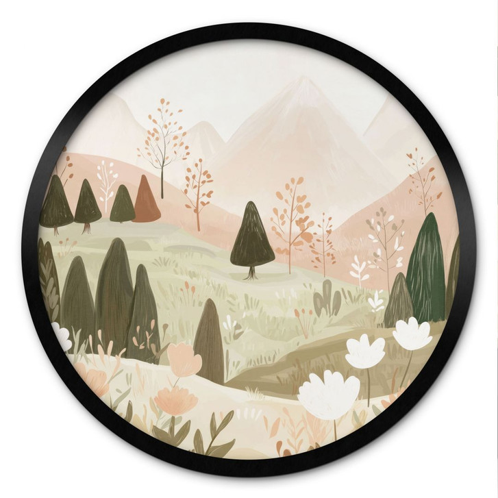 Poster Pastell Berglandschaft mit Blumen - Treechild - Rund - WA499219