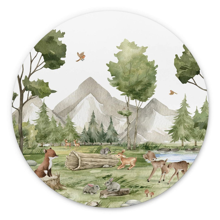 Rundes Wandbild Oliver Robins - Niedliche Tiere im Wald - Alu-Dibond - WA394557