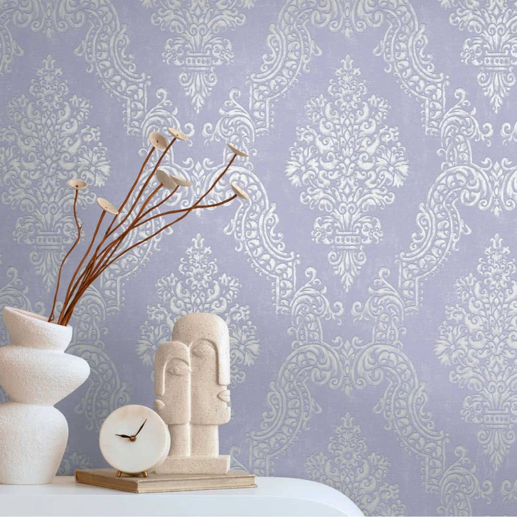 Barock-Tapete Ornament Hellblau Silber – Vliestapete mit Struktur - WA458826