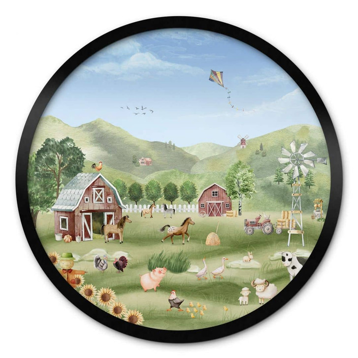 Rundes Poster für das Kinderzimmer - Oliver Robins - Bunter Bauernhof mit Tieren - WA407950