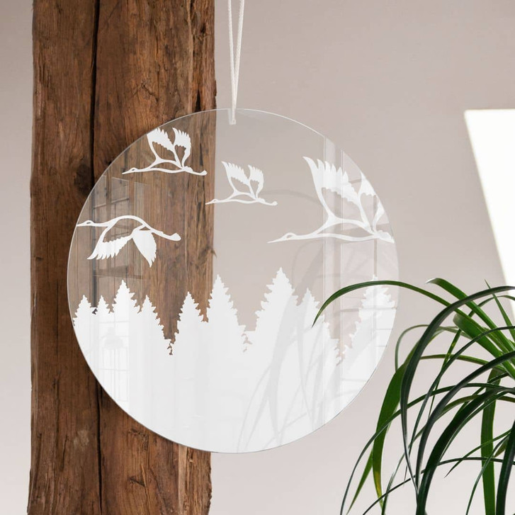 Acrylglasbild, Fensterbild zum Aufhängen Kraniche über Baumwipfel - Rund - WA415634