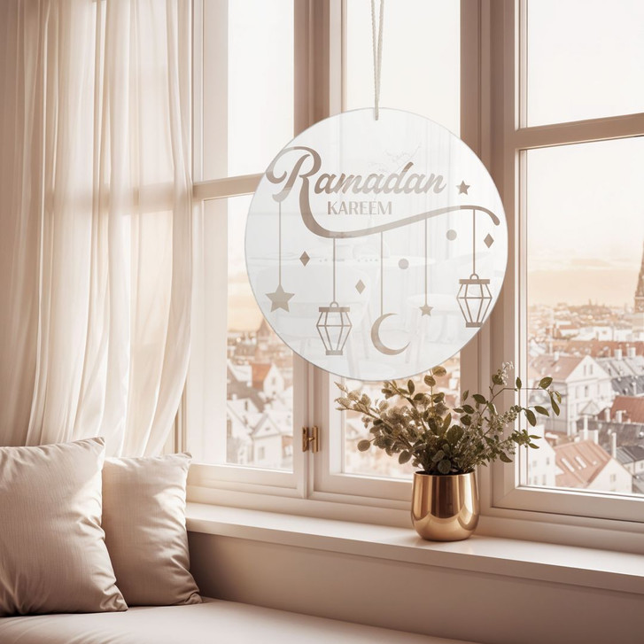 Acrylglasbild, Fensterbild zum Aufhängen Ramadan Kareem - Mond Sterne Laternen - Rund - WA415661