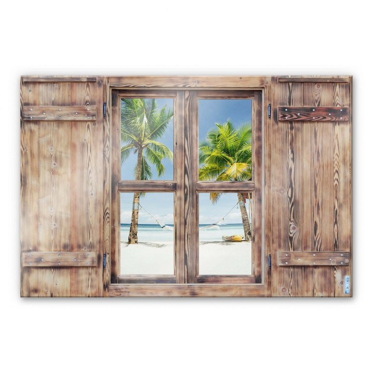 Glasbild 3D Holzfenster - Hammock in Paradise - WA231865