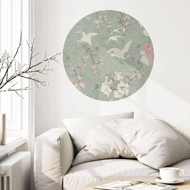 Wandtattoo Kraniche im Kirschblüten-Rausch Grün - Bloomery Decor - Rund - WA500960