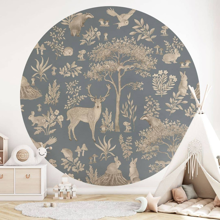 Fototapete Bezaubernder Wald mit Tieren - Vintage blau - Kikki Belle - Rund - Selbstklebend/Vlies - WA471033