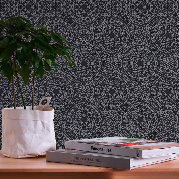 Mandala Grafiktapete Schwarz Silber - Tapete im Boho-Stil - Vliestapete Wohnzimmer Küche - WA396002