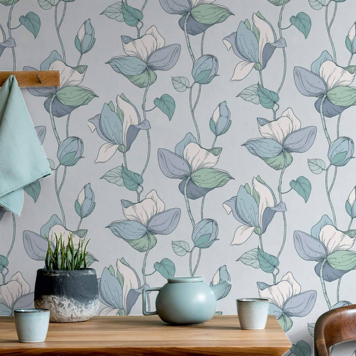 Vliestapete mit Comic-Blumen Look blau, grün Floral - WA445823