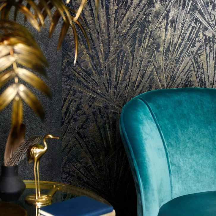 Vliestapete mit Glanz und Fächer-Optik schwarz, gold Struktur - WA508850