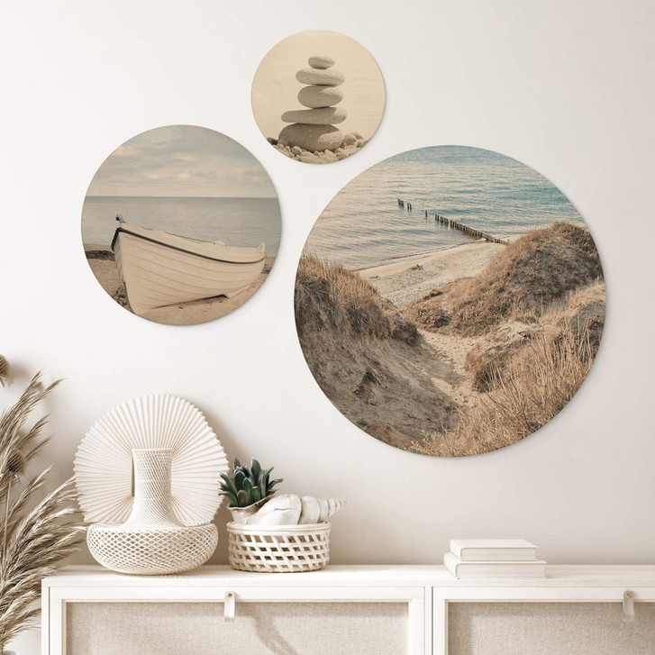 Holzbild Dünen mit Meer, Ruderboot und Steinmännchen Set (3-teilig) - Rund - WA355152