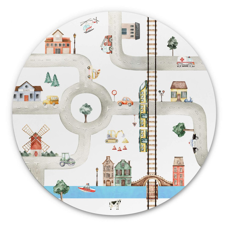 Kinderzimmer Wandbild Oliver Robins - Spielstrasse Alu-Dibond Rund - WA356306