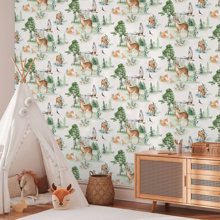 Waldtier-Tapete Aquarelloptik Grün Beige - Kinderzimmer-Tapete Tiere - WA465394