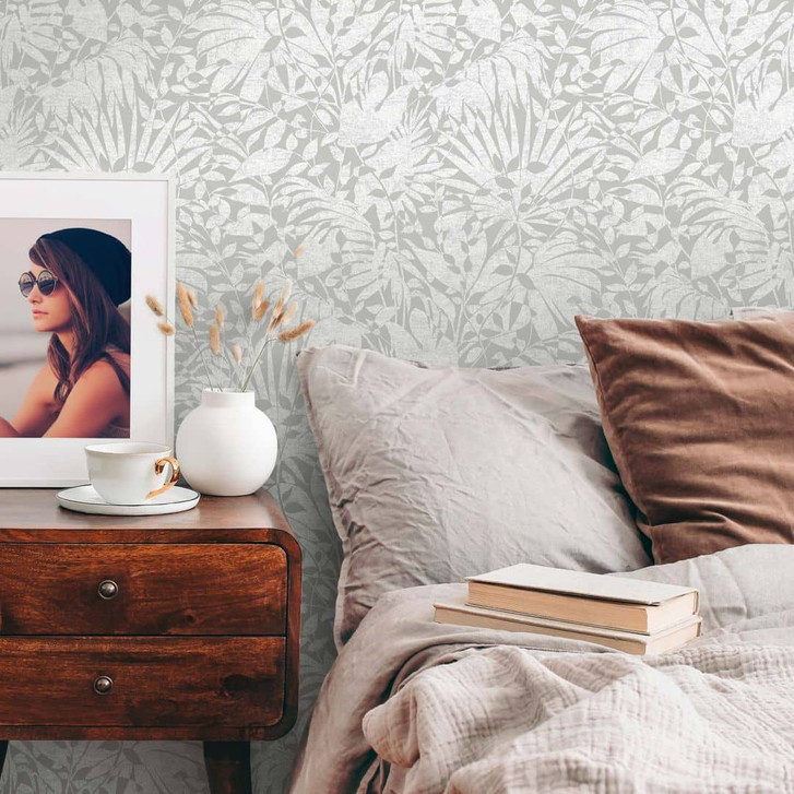 Dschungel Tapete Grau Silber Metallic-Effekt Vliestapete Blätter Wohnzimmer - WA352515