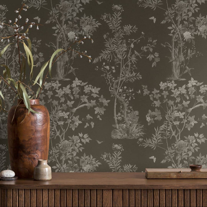 Florale Mustertapete mit Schmetterlingen Schwarz Grau - Vliestapete Naturmotiv - WA480110