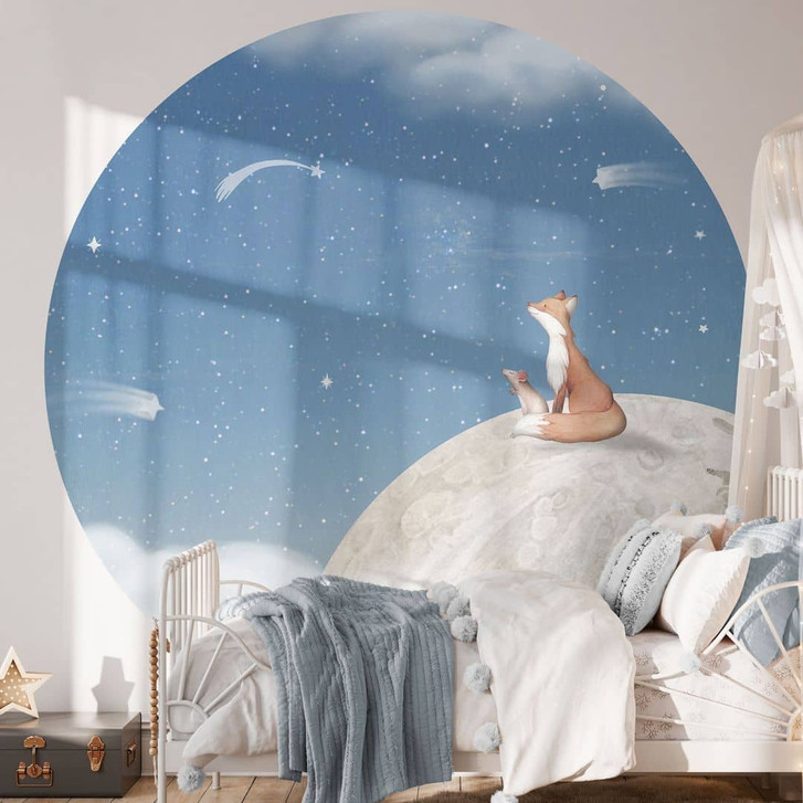 Kinderzimmer Fototapete Fuchs auf dem Mond mit Sternschnuppen - Oliver Robins - Rund - Selbstklebend/Vlies - WA399706