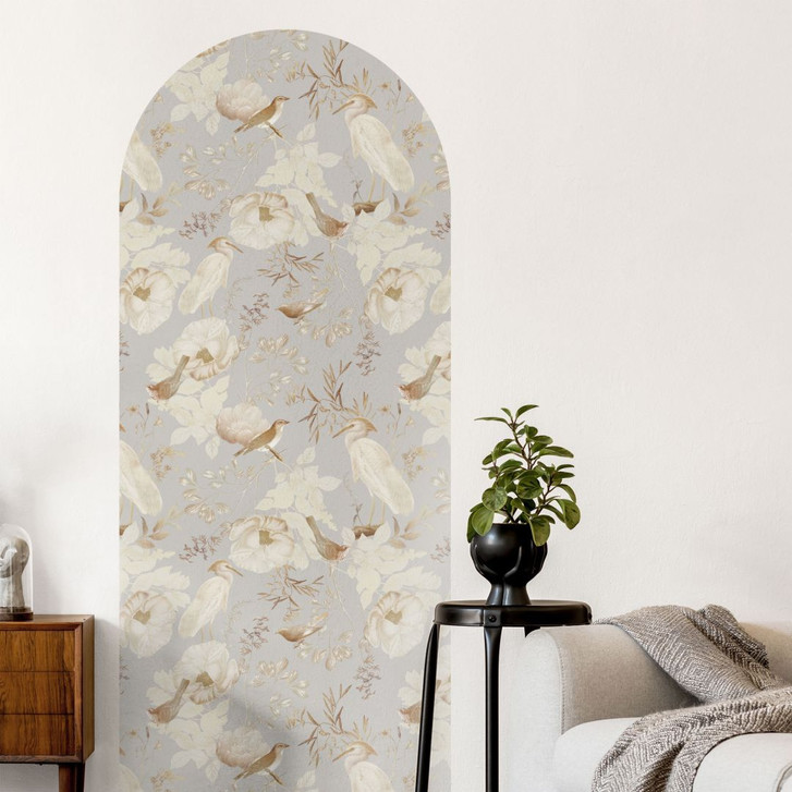 Wandtattoo Rundbogen Wandpaneel Vögel zwischen weissen Blumen - UN Design - schmal - WA500907