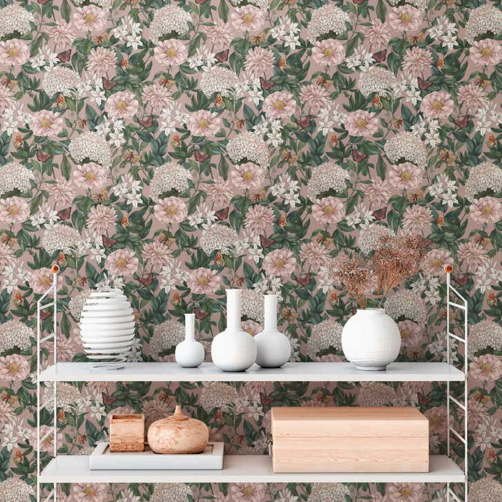Blumen-Tapete mit Schmetterlingen Rosa Grün - Vliestapete mit hellen Blüten - WA396760