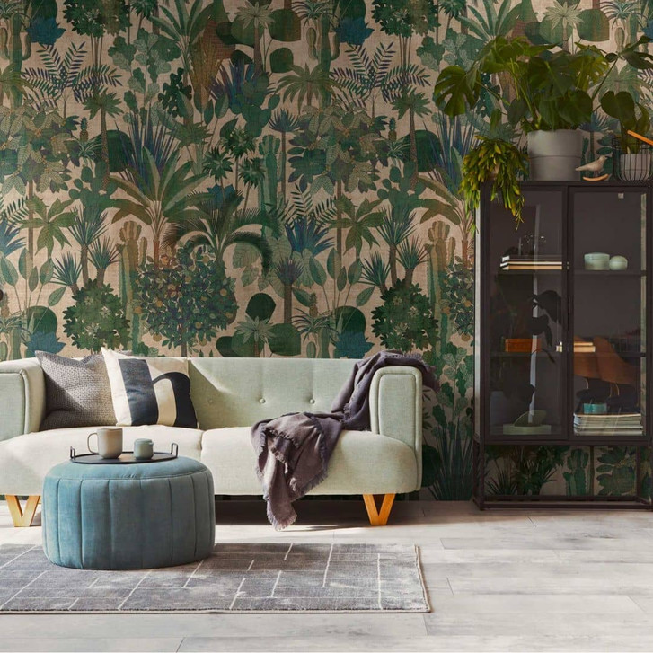 Fototapete Dschungel Grün Beige - Vliestapete mit Pflanzenmotiv - Exotisches Design - WA418370