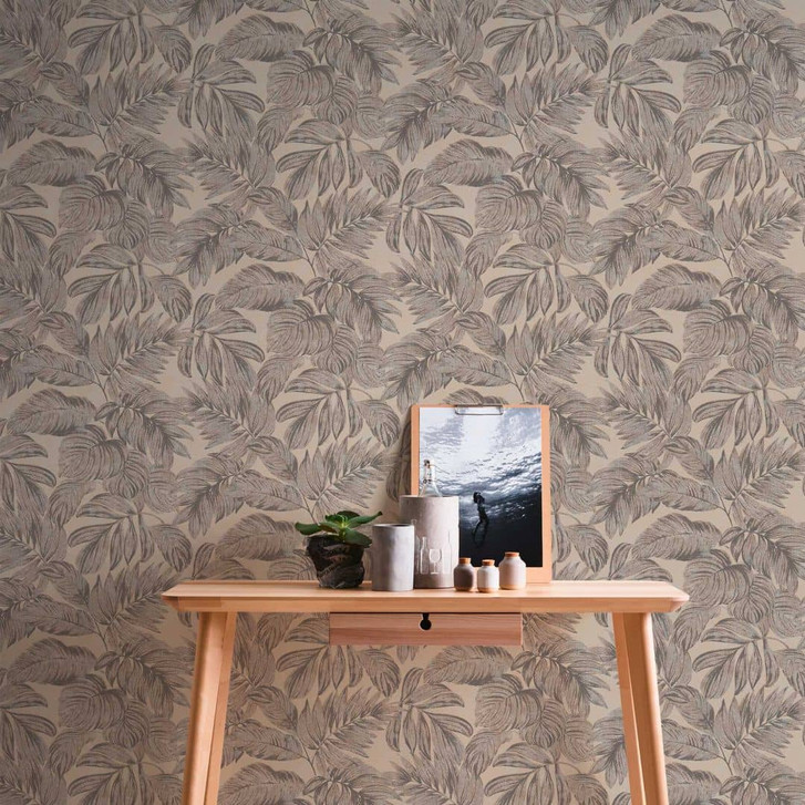 Palmen-Blatt Vliestapete Braun Grau - Dschungel Tapete für Schlafzimmer - WA396615