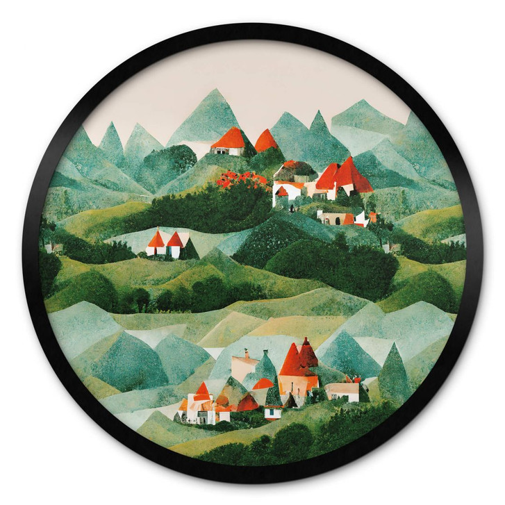 Poster Treechild - Kleines Dorf inmitten grüner Hügel - Rund - WA407582