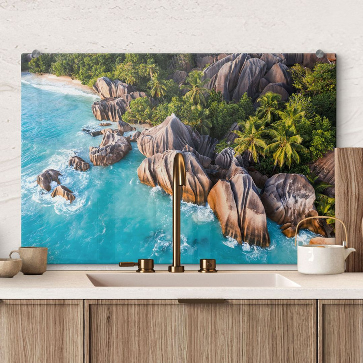 Spritzschutz Tropische Felsenküste der Seychellen - Colombo - WA486087