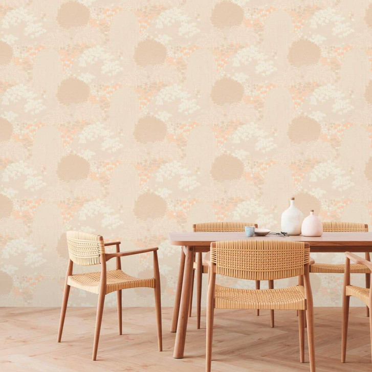 Vliestapete mit Wald-Muster Beige Creme - Tapete mit Akzenten in Orange - WA396671
