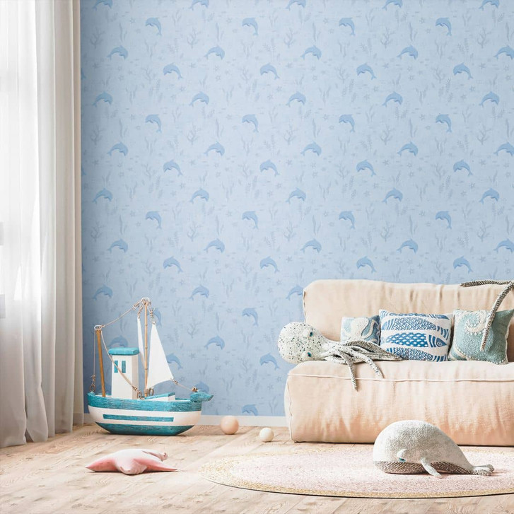Delfin-Tapete Hellblau - Kindertapete mit Meeresmotiven - WA465339
