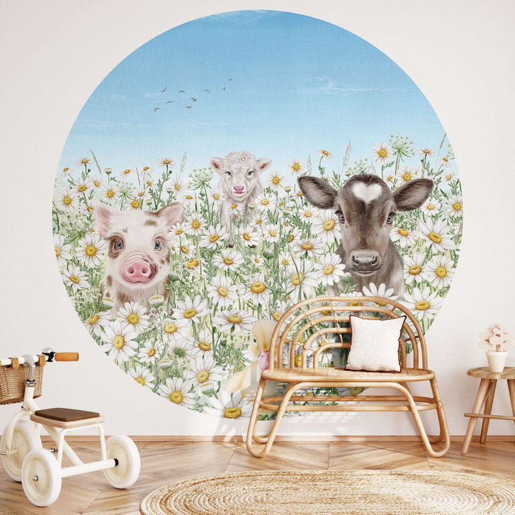 Kinderzimmer Fototapete - Bauernhoftiere auf der Blumenwiese - Kikki Belle - Rund - Selbstklebend/Vlies - WA470220