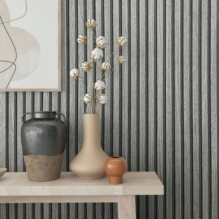 Vliestapete mit Akustikpaneele Optik und leichter Holzmaserung im Skandi Stil grau Streifen - WA444841