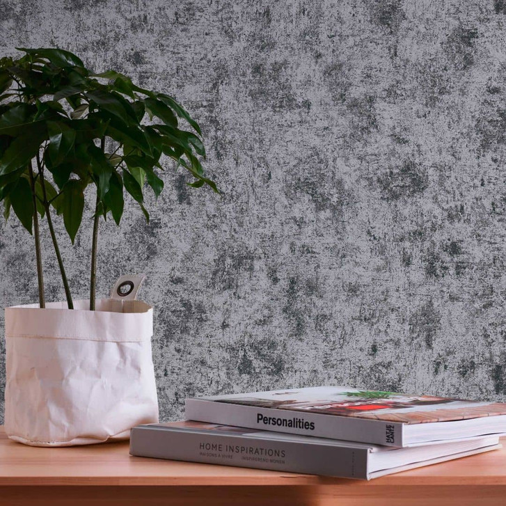 Vliestapete Silber Schwarz - Metallic-Tapete in Putzoptik - Industrial Stil für Wohnzimmer - WA396016