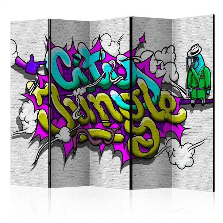 Paravent, Raumteiler freistehend, Trennwand - Graffiti - Grossstadtdschungel, 5-teilig - 225 x 172 cm - WA455782