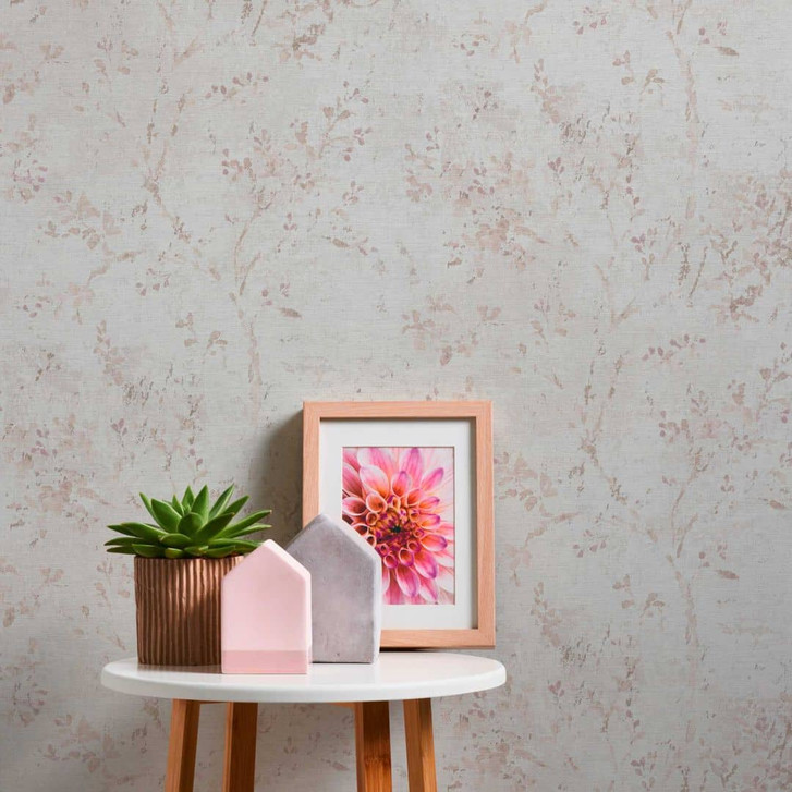 Florale Mustertapete in Leinenoptik Beige - Zarte Blumen Vliestapete Weiss - WA397104