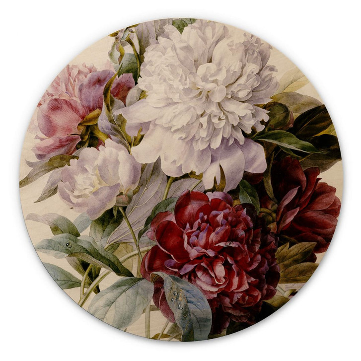 Holzbild Redouté - Strauss von roten, lila und weissen Pfingstrosen - Rund - WA306386