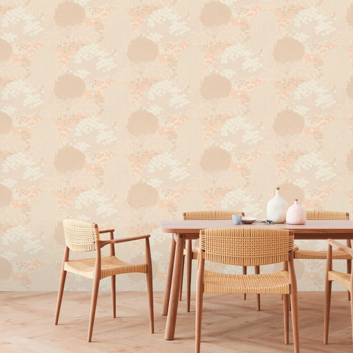 Vliestapete mit Wald-Muster Beige Creme - Tapete mit Akzenten in Orange - WA396670