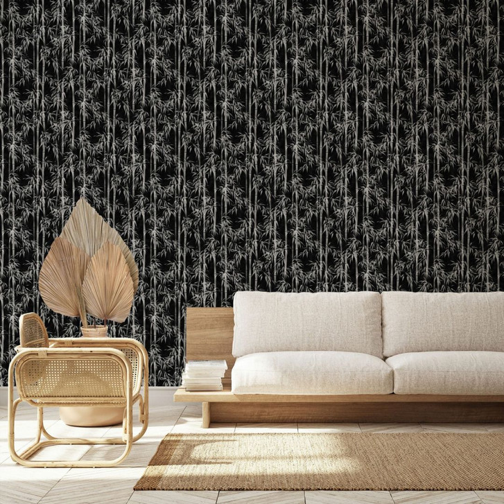 Vliestapete in schwarz, weiss Bambus Blätter Floral Natur - WA451174