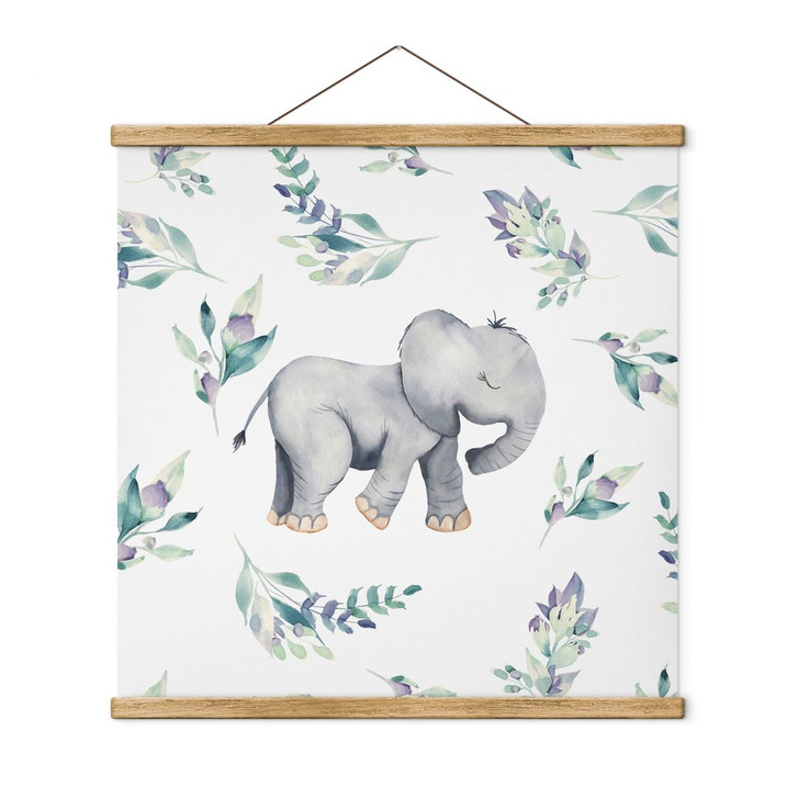 Stoffbild Niedlicher Babyelefant zwischen Boho-Zweigen - UN Designs - Quadratisch - WA411838