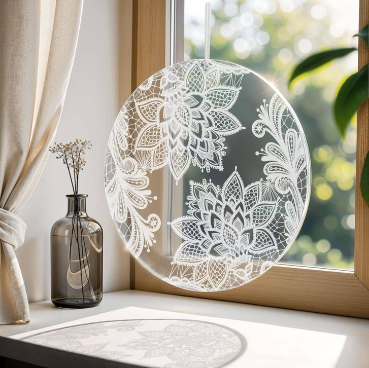 Acrylglasbild, Fensterbild zum Aufhängen Mandala-Blüten in Spitzen-Optik - Rund - WA441304