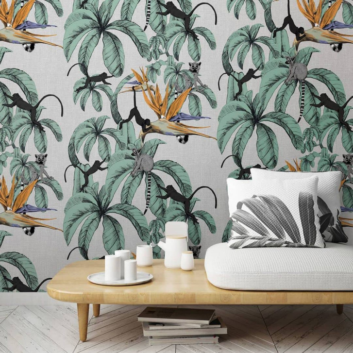 Fototapete mit Affen und Pflanzen, Grau Illustration 3.40 x 2.12 m - WA448870