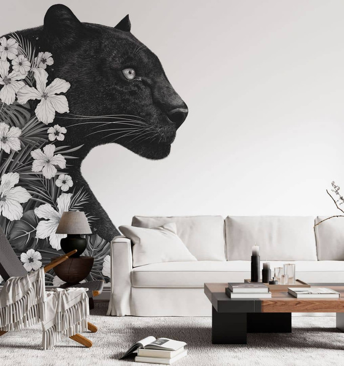Fototapete Schwarzer Panther mit weissen Blumen - Korenkova - WA434261