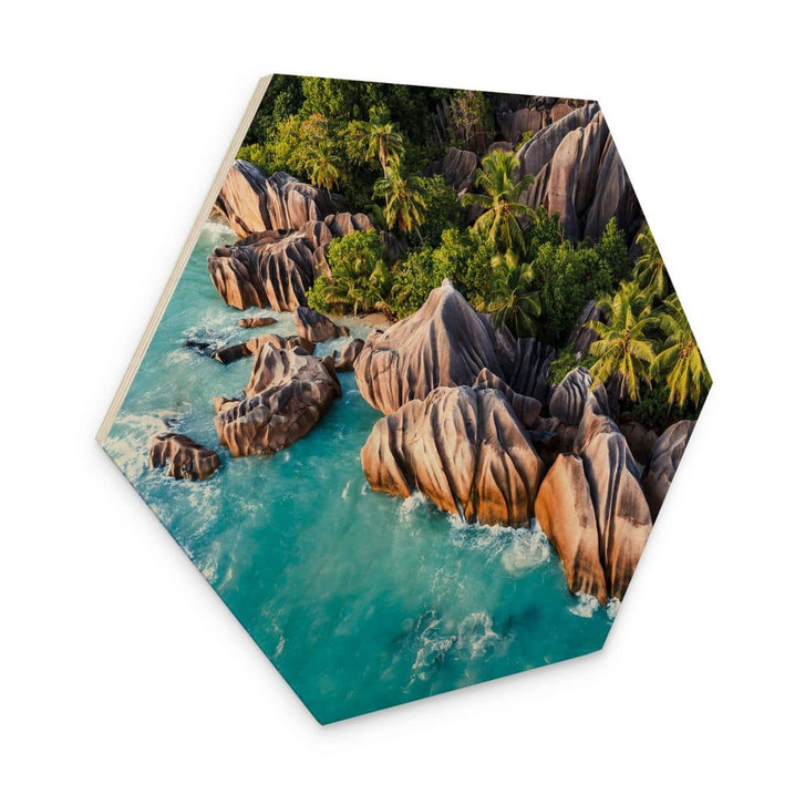 Hexagon Holzbild Tropische Felsenküste der Seychellen - Colombo - WA471986