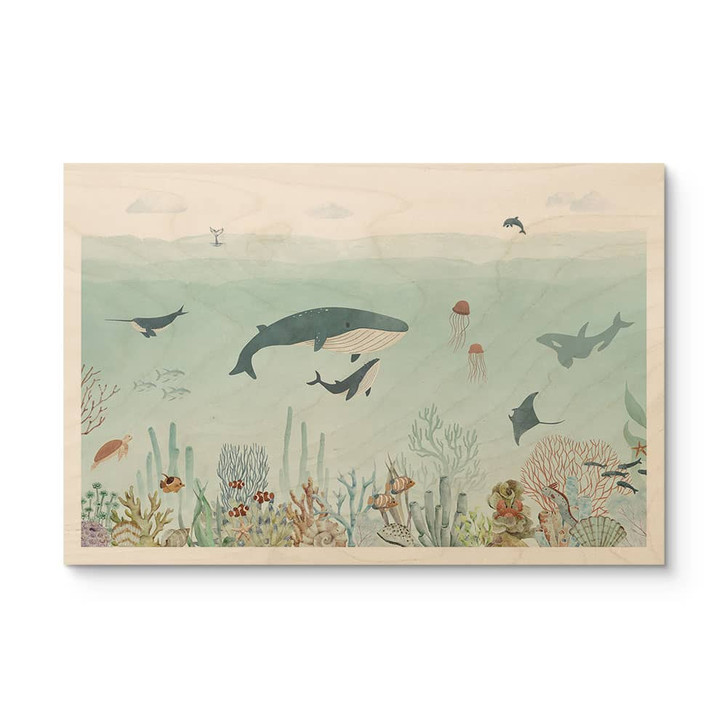 Holzbild Unterwasser-Abenteuer mit Meerestieren - Blau - Oliver Robins - WA435622