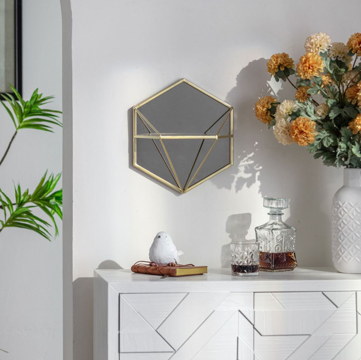 Wandregal Wandspiegel Geometrischer Diamant - Goldoptik - 30 x 35 x 13 cm - WA419780