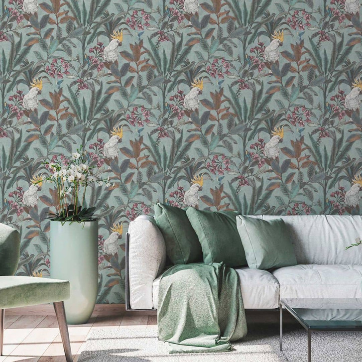 Dschungel-Tapete mit Kakadu - Vliestapete in Grün Rosa Gelb - Exotische Mustertapete - WA465206