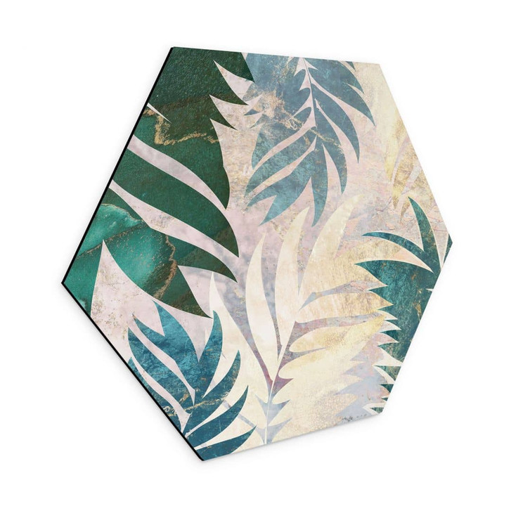 Hexagon Wandbild Exotische Palmenblätter in Gold-grün - Manovski - Alu-Dibond - WA464390