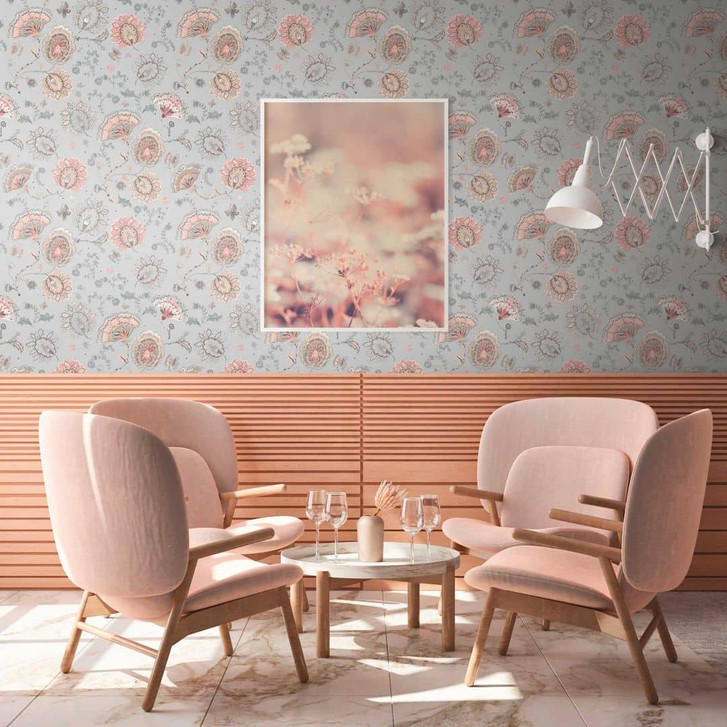 Klassische Blumentapete Grau Rosa - Vliestapete Natürlich - Pflanzen Tapete - WA395788