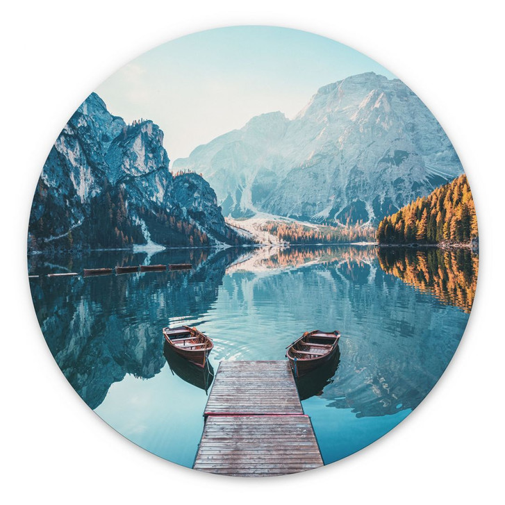 Wandbild Holzsteg am Pragser See in den Dolomiten - Alu-Dibond Rund - WA431578
