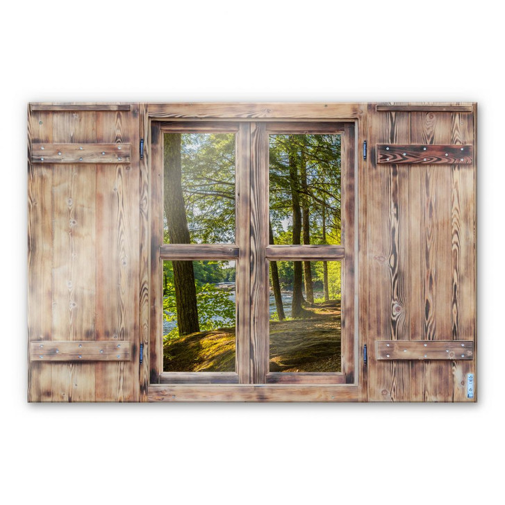 Glasbild 3D Holzfenster - Waldweg am Fluss - WA231911