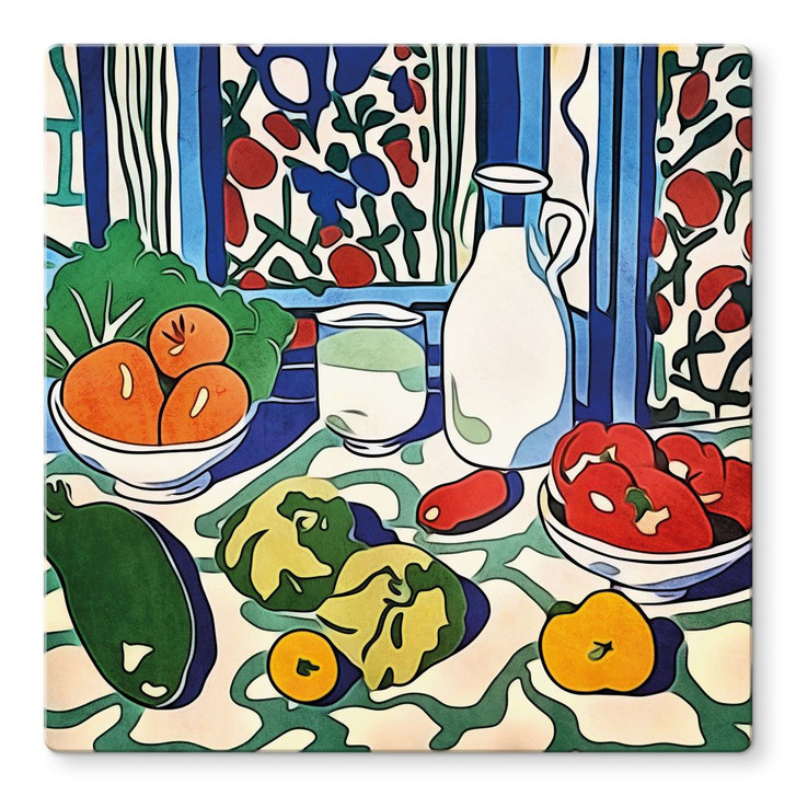 Glasbild Obst und Gemüse auf dem Küchentisch - Inspiriert von Matisse - Zamart - WA400174