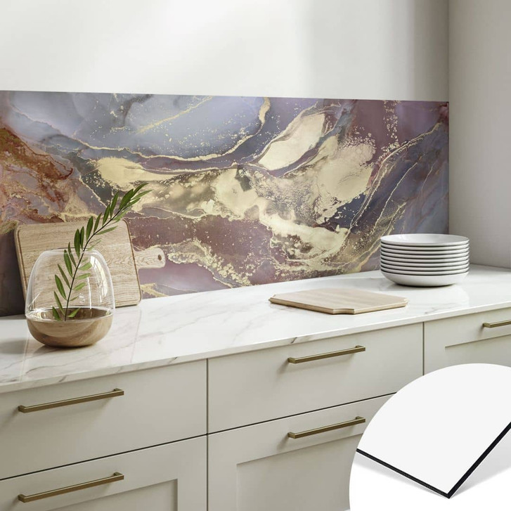 Küchenrückwand mit Marmor-Optik - Edle Strukturen in Gold und Violett - Shelest - WA472327